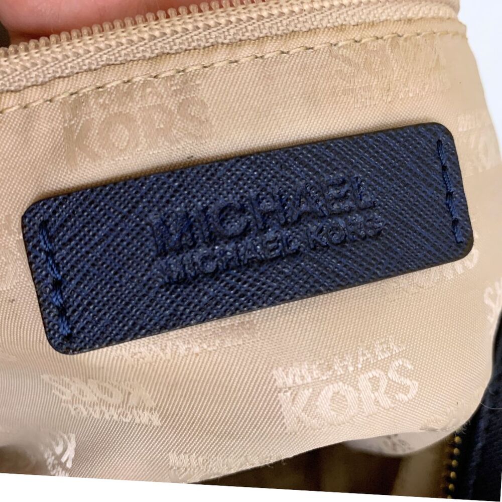 Michael Kors Saffiano Leather Satchel Crossbody Navy Gold MK Charm - Picture 11 of 13